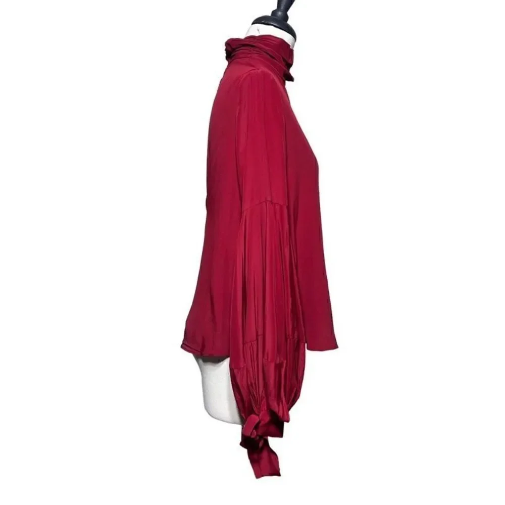 MNG Suit Red Sexy Moc Turtleneck Balloon Sleeve Silk Blouse  Size 4